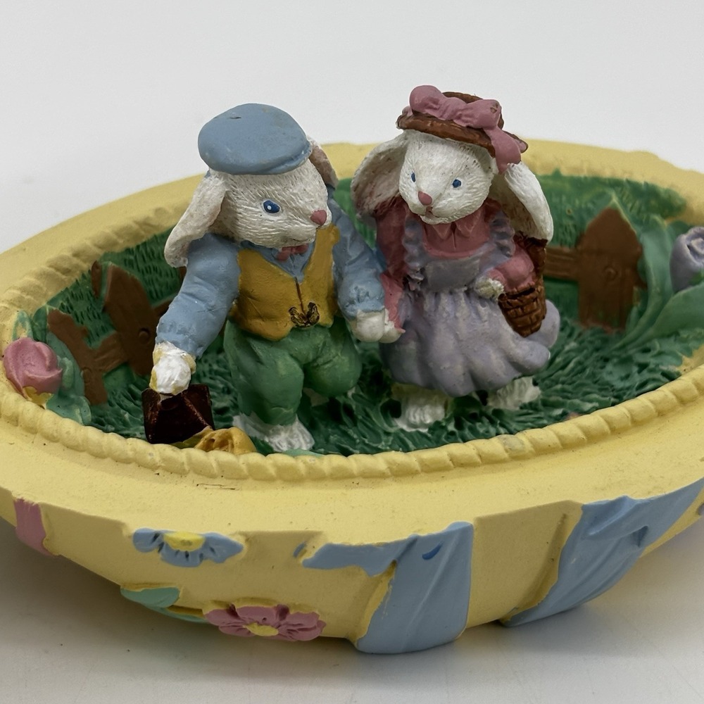 Vintage Lidded Easter Egg w Nested Bunnies Pastel Spring Decor Yellow Cottage